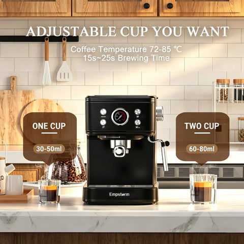Next Level 20 Bar Espresso Machine With Silky Milk Frother And Heavy Duty Steam Wand 1100 Watt Compact Coffee Brewer Pulls Killer Aromatic Shots In Sleek Black Finish For Your Kitchen Setup on a kitchen counter with coffee brewing details.