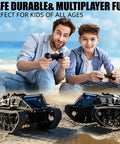 Father and son enjoying 1 16th Scale Military RC Tank Off Road Crawler With 4WD Adjustable Speed and Steering at the beach