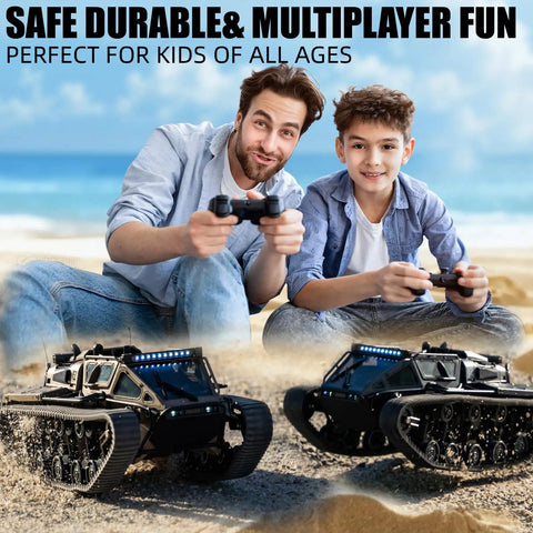 Father and son enjoying 1 16th Scale Military RC Tank Off Road Crawler With 4WD Adjustable Speed and Steering at the beach