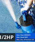 Half Horsepower Sump Pump With 4900 GPH High Flow Submersible Utility Pump used in pool draining, held by hand, showing water flow