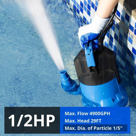 Half HP Sump Pump With 4900 GPH High Flow For Clean And Dirty Water Portable Thermoplastic Electric Pump For Pool Draining