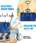 Blue Heavy Duty Folding Wagon For Sand And Outdoors, 350 Lb Capacity, Adjustable Handle, 9 Inch All Terrain Wheels