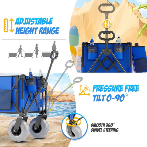 Blue Heavy Duty Folding Wagon For Sand And Outdoors, 350 Lb Capacity, Adjustable Handle, 9 Inch All Terrain Wheels