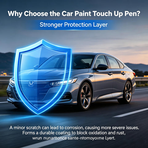 Honda sedan on road with digital shield displaying protection, promoting Honda NH 883P Exact Color Match Touch Up Paint Pen For Rock Chips Door Scratches And Paint Nicks 2 In 1 Quick Dry DIY Fix For Civic Accord CRV And Other Honda Models With Precise Color Match.