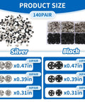 Must-Have Snap Button Kit For Fabric Sewing With 140 Pairs In Black And Silver All In One Variety Pack For Clothing Repair And Do-It-Yourself Craft Projects Includes Three Practical Sizes For Different Fabrics showing product sizes and pairs