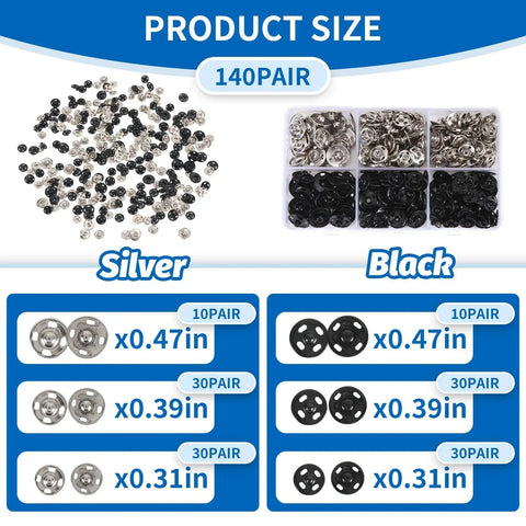 Must-Have Snap Button Kit For Fabric Sewing With 140 Pairs In Black And Silver All In One Variety Pack For Clothing Repair And Do-It-Yourself Craft Projects Includes Three Practical Sizes For Different Fabrics showing product sizes and pairs