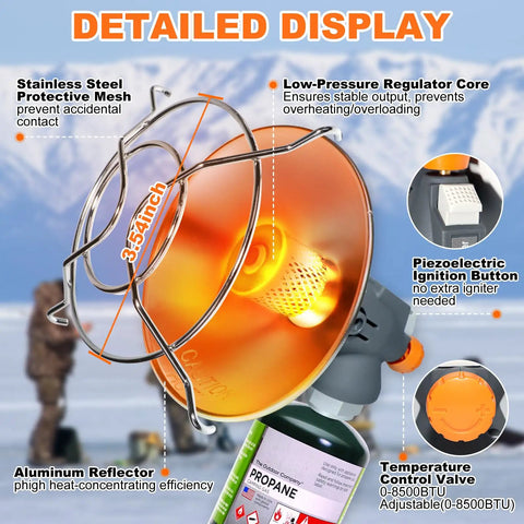 8500 BTU Portable Propane Heater For Outdoor Camping With Piezo Ignition detailed view showing components and features