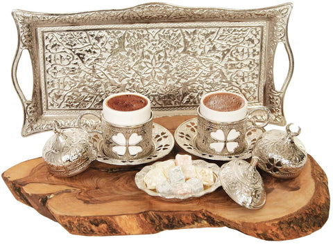 Turkish Coffee And Espresso Set With Copper Pot And Tray, 13 Piece Full Serving Kit With Porcelain Cups With Lids, Sugar Bowl, Turkish Delight Bowl