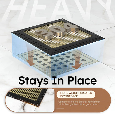 Solid Square Shower Drain Hair Catcher Non Moving Drain Cover Stopper Filter with 304 Stainless Steel, designed to fit snugly in shower drains.
