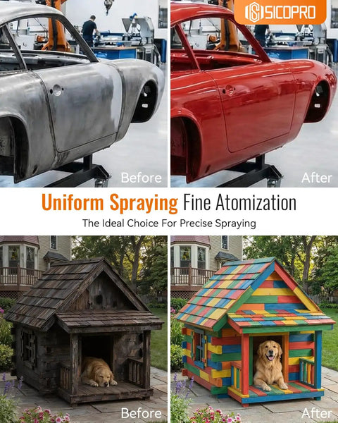Precision HVLP Spray Gun For Auto Paint Jobs, Equipped With A WideTip Nozzle That Blows Crisp Plumes Every Pass, refinishing a car and a doghouse.