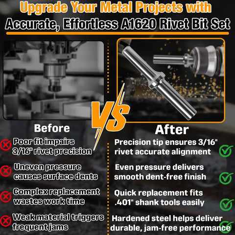 Comparison of A1620 Pneumatic Air Hammer Rivet Bit Set for 3/16 Inch Rivets showing before and after results.