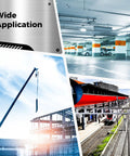 Collage showing applications of structural connectors in parking garages, construction sites, and railways.