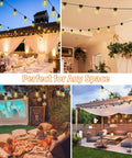 96 Foot LED Outdoor String Lights With Shatterproof S14 Bulbs 2700K Warm White for patio, garden, weddings, and events, shown in various settings.