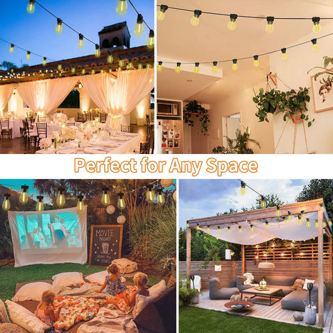 96 Foot LED Outdoor String Lights With Shatterproof S14 Bulbs 2700K Warm White for patio, garden, weddings, and events, shown in various settings.
