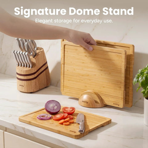 Heavy Duty 3 Piece Bamboo Cutting Board Set With Wooden Stand For Everyday Kitchen Tasks Built Different With Top Shelf Non Toxic Grain And Straight Up Durable Construction Every Home Cook Gonna Love, cutting boards in use on countertop.