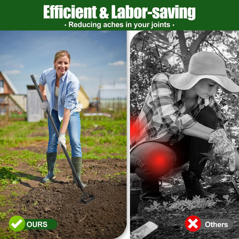 Woman using 2 In 1 Garden Hoe Tool With Adjustable Length From 37 To 72 Inches, Ergonomic Handle, in a garden