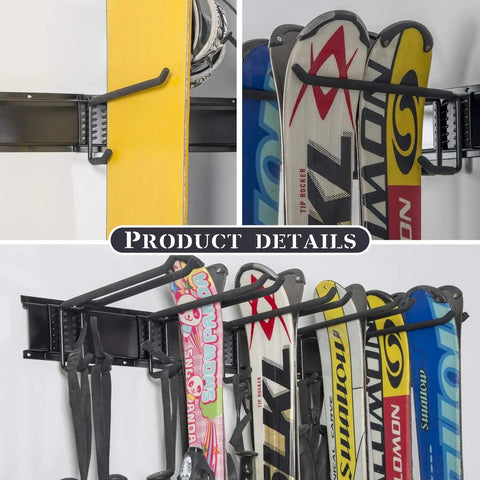 Heavy Duty Ski Wall Rack Storage System With Adjustable 32 Inch Rails Holds Up To 10 Pairs Of Skis installed with skis and snowboards