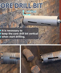 2-1/2 in diamond dry core drill bit installed in masonry wall with adapters visible