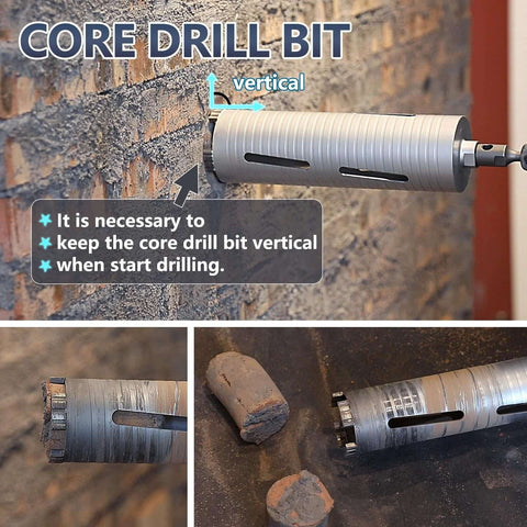 2-1/2 in diamond dry core drill bit installed in masonry wall with adapters visible