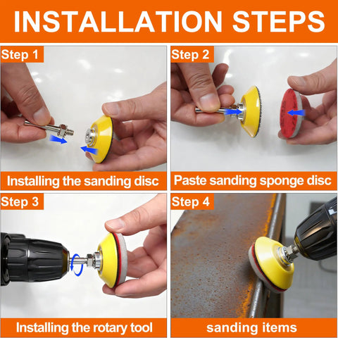 Installation steps for 64 Piece 2 Inch Sanding Disc Pad Kit With Hook And Loop Backing, Grit Range 180 To 3000, Sponge Sandpaper