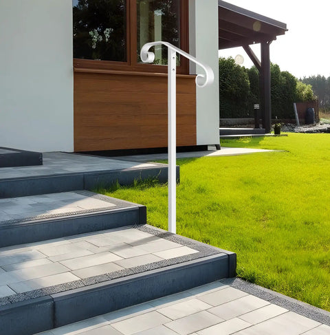 Heavy Duty Wrought Iron Non Drill Handrail Railing For Outdoor Steps Featuring In Ground Single Post Setup Plus All Weather Black Paint Finish That Is Built Like A Tank For Your Exterior Walkway, white handrail near outdoor stairs.