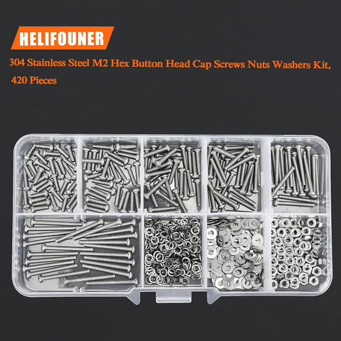 Hella Durable 304 Stainless Steel M2 Screw Set With 420 Pieces Assorted Hex Button Head Cap Bolts Nuts And Washers From 6mm To 20mm in storage case.