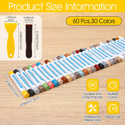 All In One Wood Repair Kit With 60 Plus 2 Pcs, 30 Color Wax Filler Sticks And Scrapers displayed on a wooden surface.