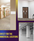 Quad Light Switch Wall Plate 4-Gang Standard Size 4.50 By 8.19 Inches installed in a commercial hallway and office space.
