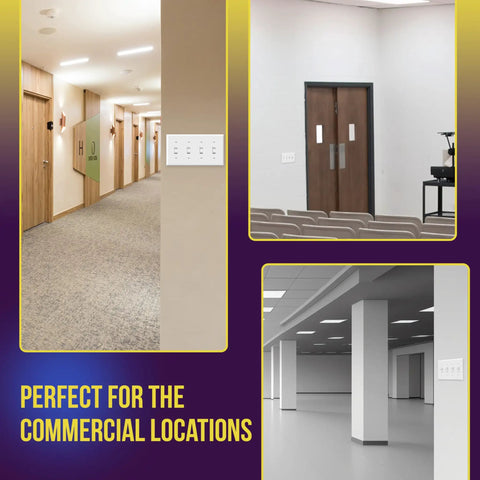 Quad Light Switch Wall Plate 4-Gang Standard Size 4.50 By 8.19 Inches installed in a commercial hallway and office space.