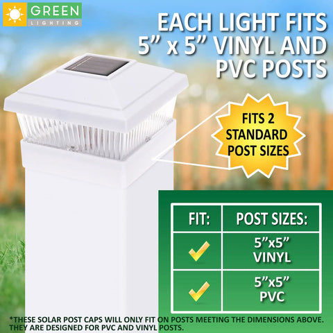 12 Pack Solar Post Cap Lights for 5x5 PVC Posts, Classic 2 Design, detail of fit on white PVC post, weatherproof finish.