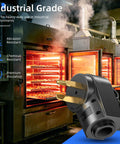 Heavy Duty 60 Amp Male Plug NEMA 14 60P Straight Blade Right Angle Connector with comfort grip in an industrial kitchen setting.