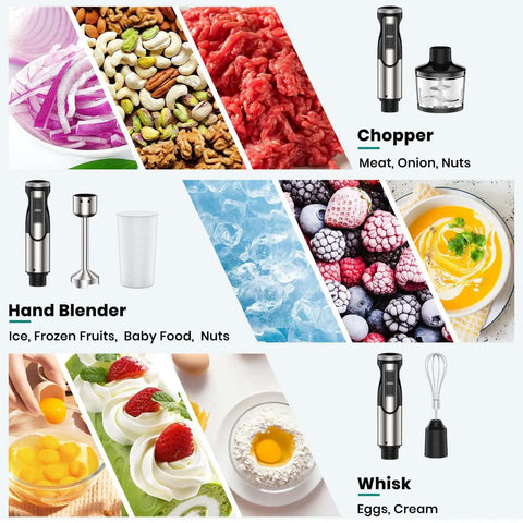 Powerful 1800 Watt Immersion Blender With Four Versatile Attachments, blends soups and smoothies without a sweat, crushes ice like a true pro, sleek silver kitchen staple, showcasing attachments and ingredients.