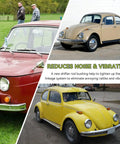 Collage of vintage Volkswagens highlighting Volkswagen Vintage Air Cooled Shift Rod Bushing Bolt In Upgrade for smooth driving.