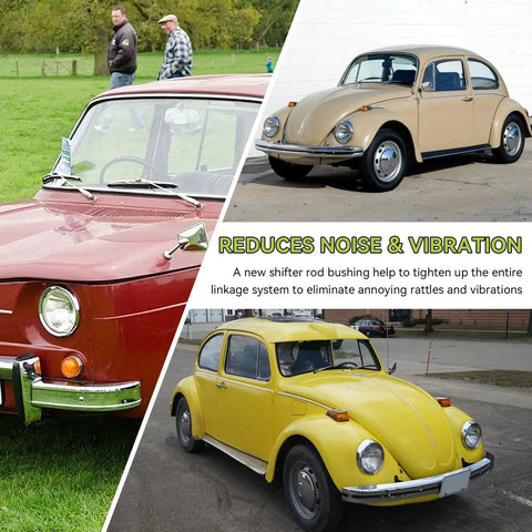 Collage of vintage Volkswagens highlighting Volkswagen Vintage Air Cooled Shift Rod Bushing Bolt In Upgrade for smooth driving.
