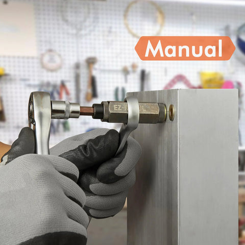 Manual rivnut installation tool in gloved hands, inserting a 1/4-20 threaded insert into metal edge.