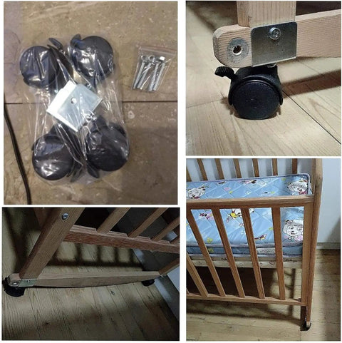 Heavy Duty 1.5 Inch Swivel Caster Wheels With Locking Brake For Furniture installed on a crib frame, showing packaging and assembly parts.