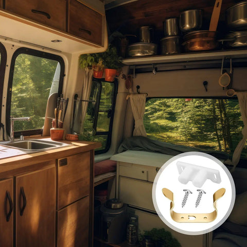 Interior of RV kitchen with inset image of 10 Pack RV Cabinet Latch Barrel Catches With Metal Clips And Screws.