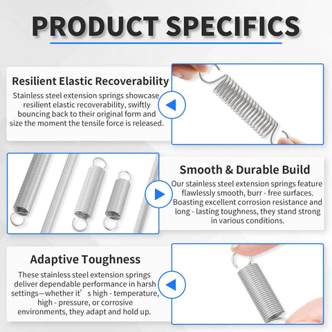 Premium 304 Stainless Steel Extension Springs With Double Hook Ends 10 Piece Pack displayed showcasing durable build and elasticity.
