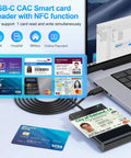 2 In 1 NFC Smart Card Reader With Contact And Contactless CAC Reader For DOD Military IDs And Bank Chip Cards USB C Compatible Across Mac Windows Linux Android in use with laptop and various cards