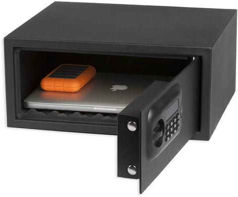 Digital Laptop Safe With Tamper Alarm And Silent Operation, Black Matte Finish, Deluxe Egg Crate Bottom Pad, open showing contents