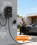 Level 2 Home EV Charger, 48A 11.5kW, ETL Certified, 25Ft Cable installed on wall, charging a car with man using phone nearby.