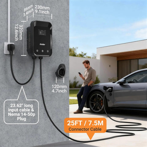 Level 2 Ev Charger 40 Amp 9.6 Kw With Nema 14-50 Plug And 25 Ft Cable, J1772 Connector Etl Certified Home Evse Charging Station, wall-mounted with 25ft cable.
