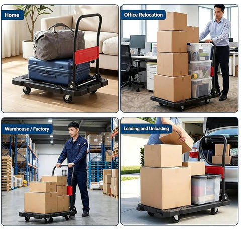 Heavy Duty Foldable Platform Cart Push Dolly Built Tough For Moving Heavy Loads Portable Black Push Cart With Smooth Roll Wheels Ideal For Home Garage Warehouse And Job Sites. used with luggage and boxes in home, office, warehouse, and loading tasks