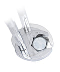 Close-up of 11 Piece Three Eighth Inch Drive Ratcheting Crowfoot Wrench Set SAE engaging a fastener, showcasing open end design.