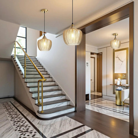 Top Shelf Amber Glass Pendant Light With Vintage Gold Trim For Kitchen Island And Dining Area Height Adjustable Cord, illuminating stairwell.