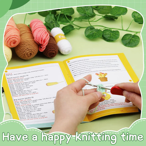 Plant Crochet Kit for Beginners with 6 Succulent Projects, hands crocheting with yarn and instructions in background