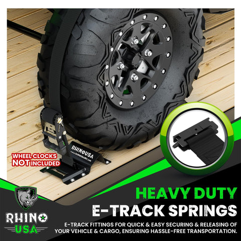 Built Tough Ultimate Heavy Duty E Track Ratchet Tie Downs Set securing vehicle wheel on wooden trailer floor