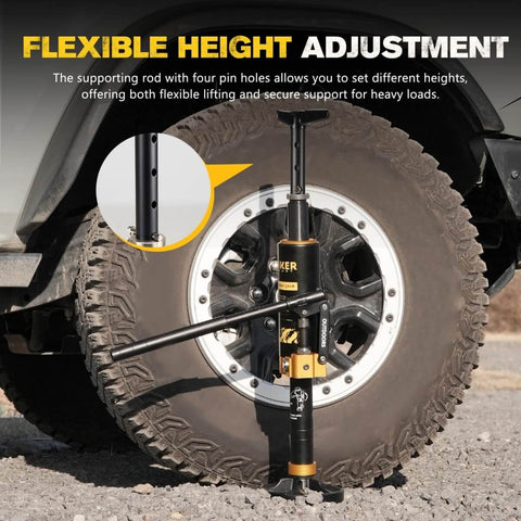 Portable Hydraulic Recovery Jack With Lift Mate For Off Road 4x4 SUVs, ATVs, And UTVs, shown lifting SUV tire on rocky terrain.