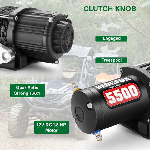 Heavy Duty 5500 Lb Electric Winch For Atv Utv With 12 Volt Motor And Waterproof Design showing clutch knob and details.