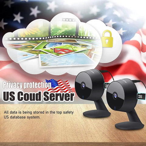 Two Pack 1080p HD Indoor Security Cameras for Home Use with Motion and Sound Alerts, Night Vision, shown with cloud backup.